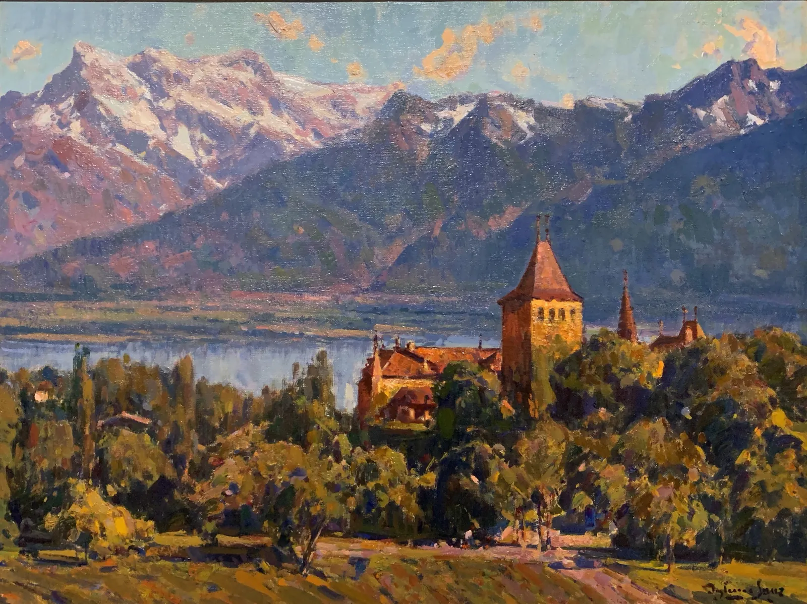 Lago Lemán. Suiza, óleo en lienzo de Antonio Iglesias Sanz